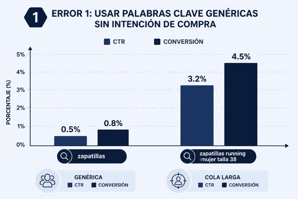 Bar chart comparing conversion rates: keyword genérica 'zapatillas' con CTR 0.5% y conversión 0.8% frente a cola larga 'zapatillas running mujer talla 38' con CTR 3.2% y conversión 4.5%