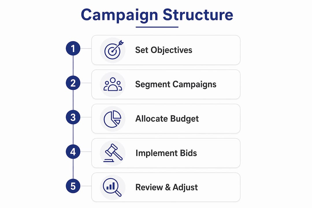 Infographic illustrating steps of Amazon ad campaign structure