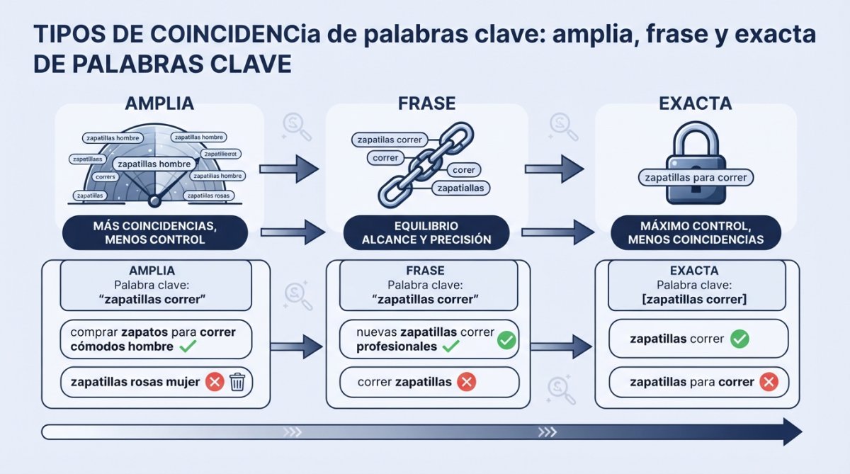 Tipos de coincidencia de palabras clave en Amazon Ads: amplia, frase y exacta, con ejemplos