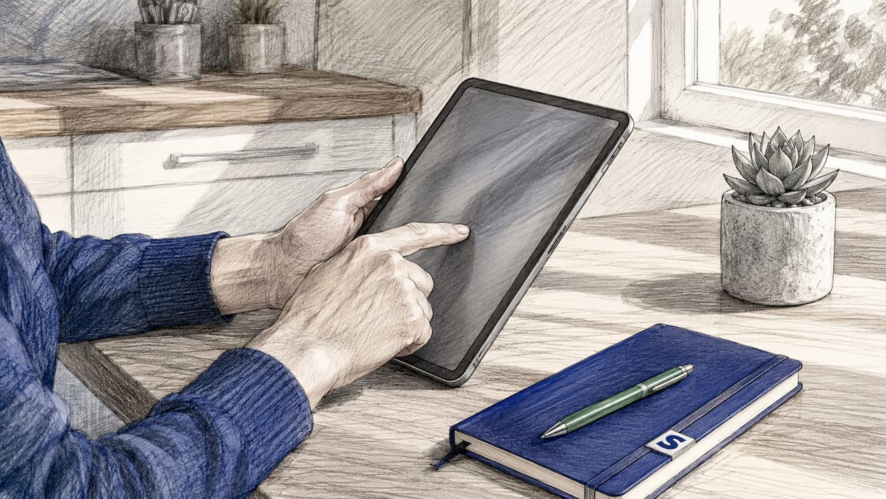 Hands using tablet reviewing Amazon PPC data