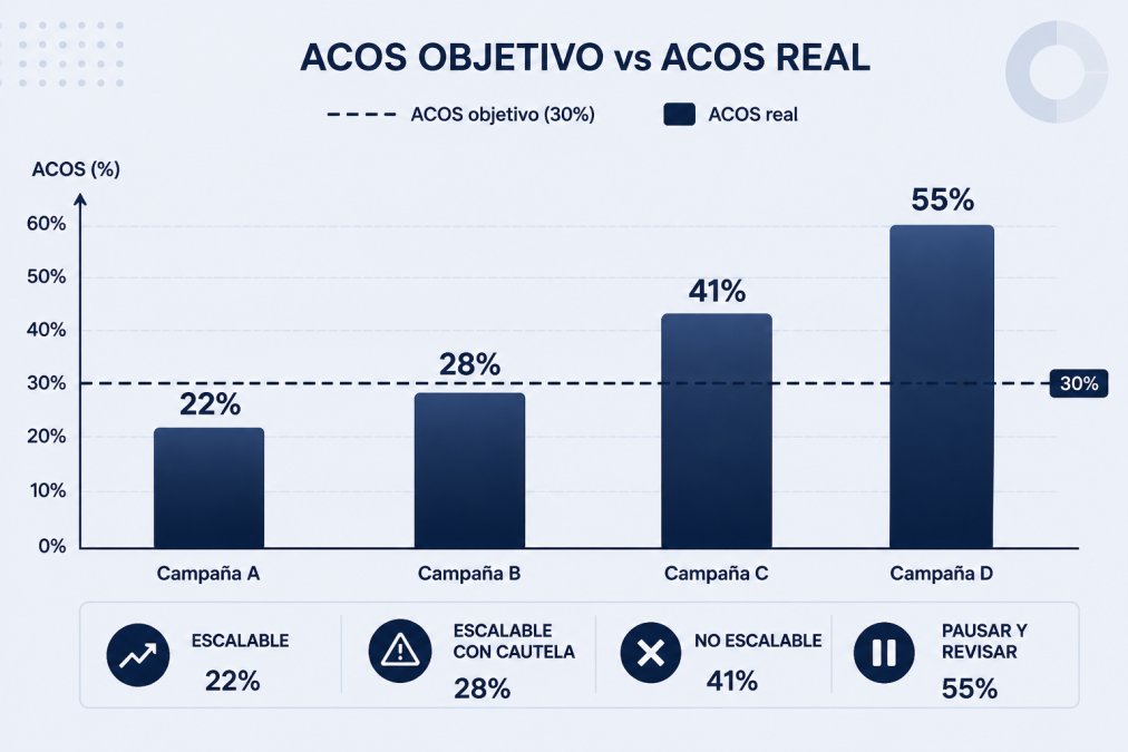 Gráfico de barras comparando ACOS objetivo (30%) frente a ACOS real de cuatro campañas: Campaña A 22% (escalable), Campaña B 28% (escalable con cautela), Campaña C 41% (no escalable), Campaña D 55% (pausar y revisar)