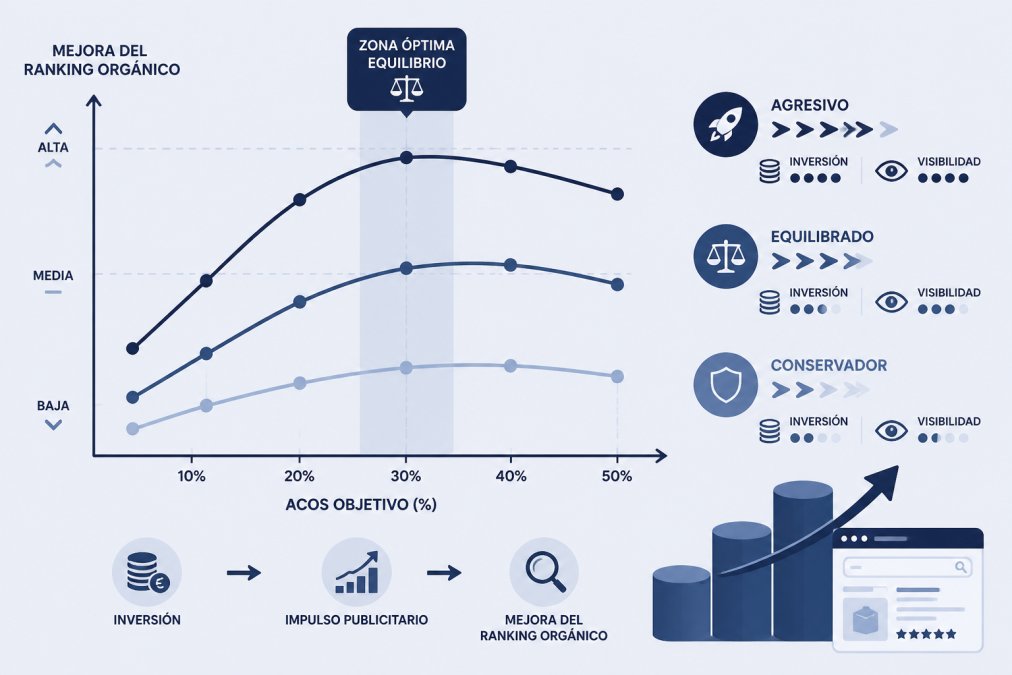 Gráfico que compara el ACOS y el ranking orgánico según perfiles de puja conservador, equilibrado y agresivo
