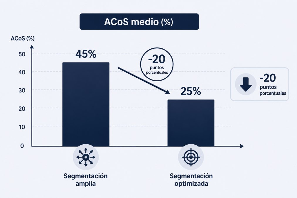 Diagrama de flujo mostrando el ciclo de sobre-segmentación: audiencia pequeña → CPM alto → pocos datos → ACoS alto → más restricción