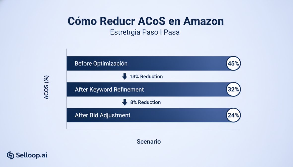 Gráfico de barras: reducción del ACoS en tres escenarios — antes de optimizar 45%, tras refinar palabras clave 32%, tras ajustar pujas 24%