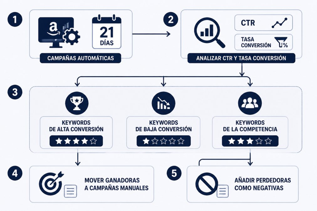 Flowchart showing keyword research process: Automatic campaigns for 21 days → Analyze CTR and conversion rate → Segment into high-converting keywords, low-converting keywords, and competitor keywords → Move winners to manual campaigns → Add losers as negative keywords