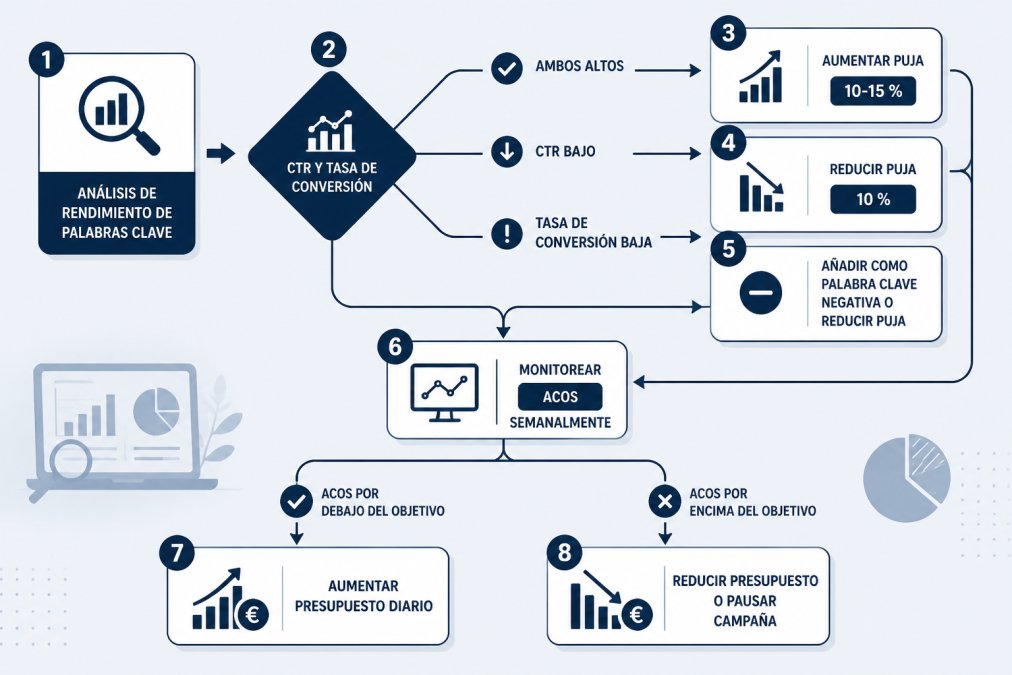 Decision flowchart for bid adjustment: Start with keyword performance analysis → Check CTR and conversion rate → If both high, increase bid by 10-15% → If CTR low, reduce bid by 10% → If conversion rate low, add as negative keyword or reduce bid → Monitor ACOS weekly → If ACOS below target, increase daily budget → If ACOS above target, reduce budget or pause campaign