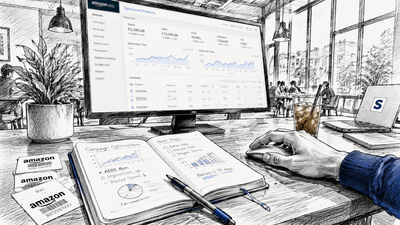 Close-up of user analyzing Amazon PPC data on computer