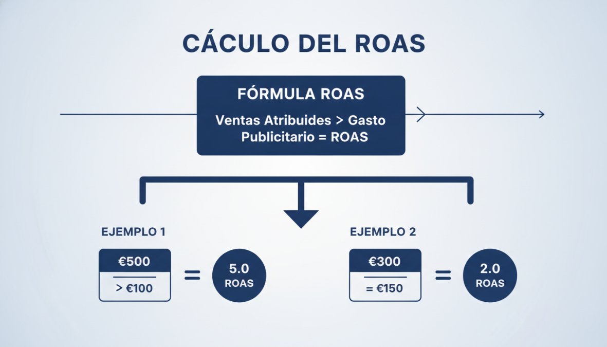 Diagrama de flujo mostrando la fórmula ROAS con números específicos: €500 ventas atribuidas ÷ €100 gasto publicitario = 5.0 ROAS, con eje…