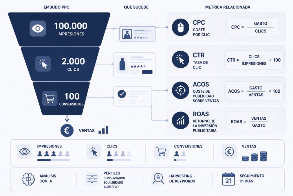 Diagrama de embudo que relaciona impresiones, clics y conversiones con las métricas CPC, CTR, ACOS y ROAS, mostrando la fórmula de cada una