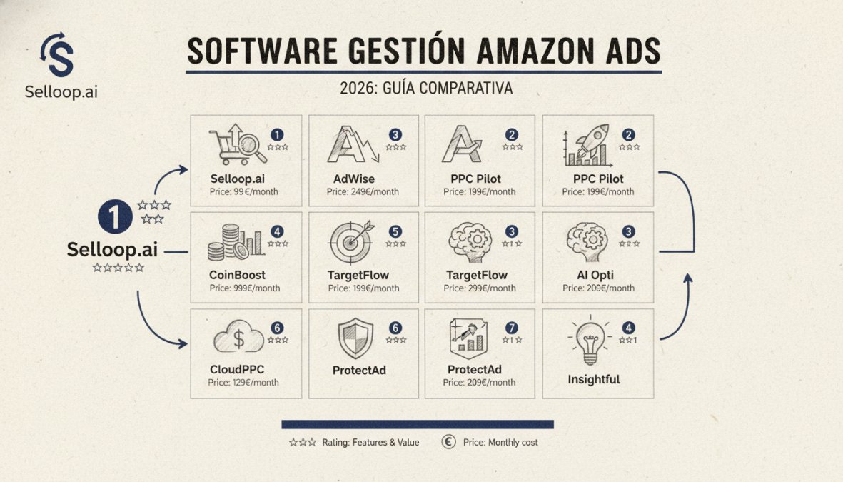 Matriz comparativa ilustrada de software de gestión Amazon Ads 2026 con precios mensuales y valoraciones
