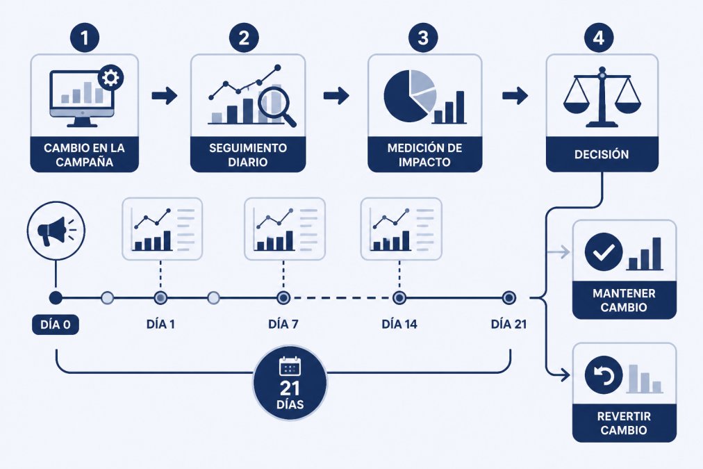 Diagrama de flujo del proceso de 21 días para medir el rendimiento de cada cambio